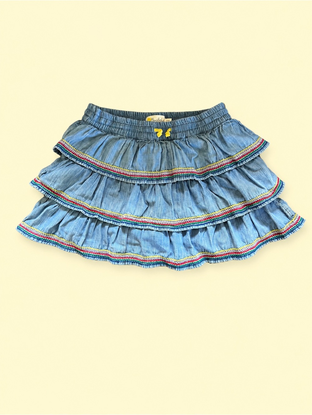Mini Boden Light Blue Tiered Denim Skirt with Colorful Trim